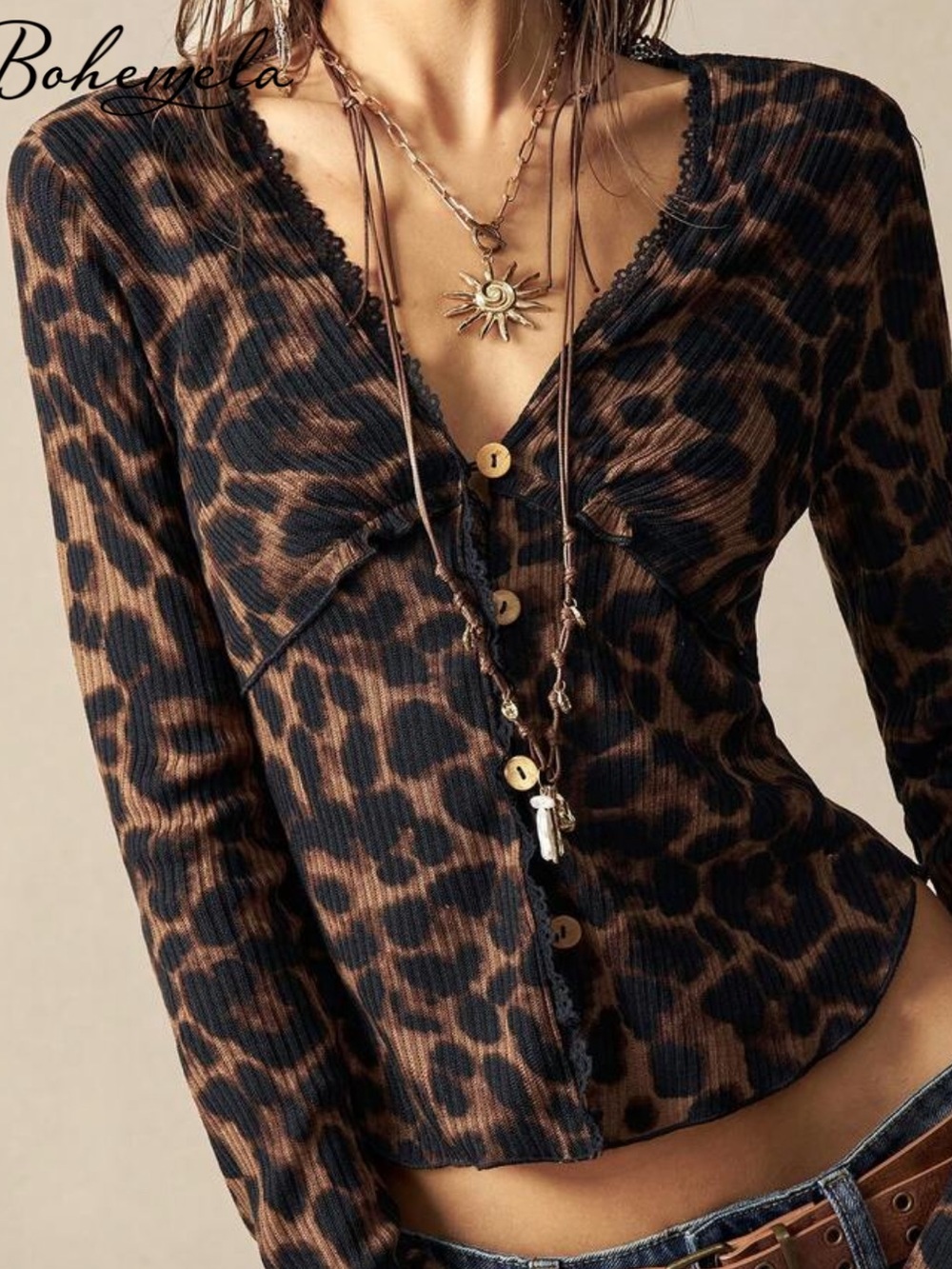 Boheme Brown and Black Leopard-Print Button-Front Top
